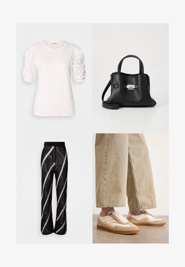 Bijela majica s kratkim, naboranim rukavima od čipke. Okrugli izrez, mekana tekstura i malo širi kroj. Oznaka branda vidljiva unutra.; Pletene crne hlače s širokim nogavicama, ukrašene hrabrim, dijagonalnim bijelim prugama. Elastični pojas i teksturirana tkanina.; Tamni i kremasti tenisice s dizajnom od antilopa i mrežice, s vezanjem i gumenim potplatima, upareni s tamnim širokim trapericama.; Crna kožna torba s teksturiranim završnim obradom, koja ima dva gornja ručka, odvojivu naramenicu i detalj s srebrnim kopčanjem.