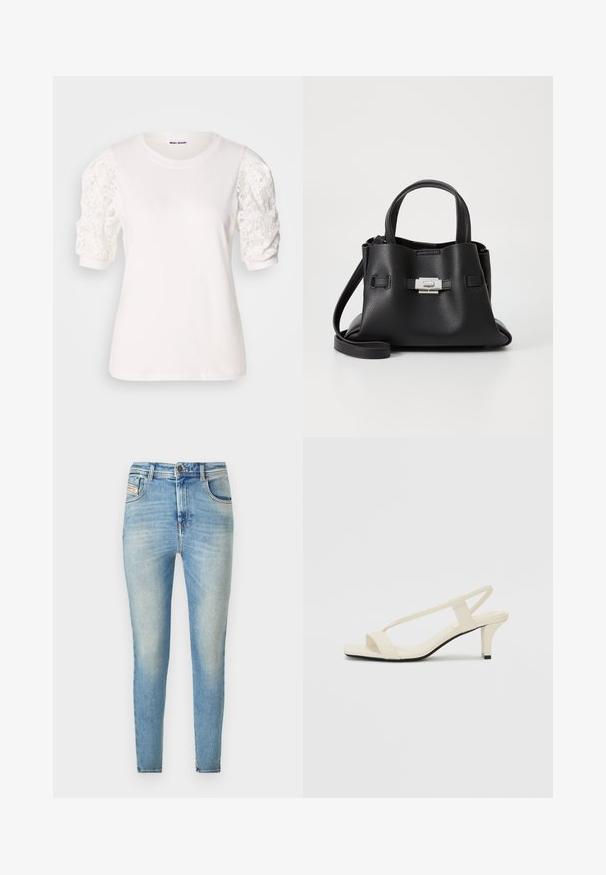 Balta marškinėliai su trumpomis, pūstomis rankovėmis, pagaminti iš nėrinių. Apskritas kaklas, minkšta tekstūra ir šiek tiek laisvas kirpimas. Matomas prekės ženklas viduje.; Šviesiai mėlynos džinsinės aptemptos kelnės, aukštu juosmeniu, su klasikinio penkių kišenių dizainu, dėvėjimo efektais ir metaliniu sagčiu.; Kreminės blokų kulno šlepetės su plonomis dirželiais ir kvadratiniu pirštu. Lygus medžiaga su minimaliais akcentais, sukurtos lengvam dėvėjimui.; Juodas odinis rankinės su tekstūruota apdaila, turintis dvi viršutinės rankenos, nuimamą peties diržą ir sidabrinį užsegimą.