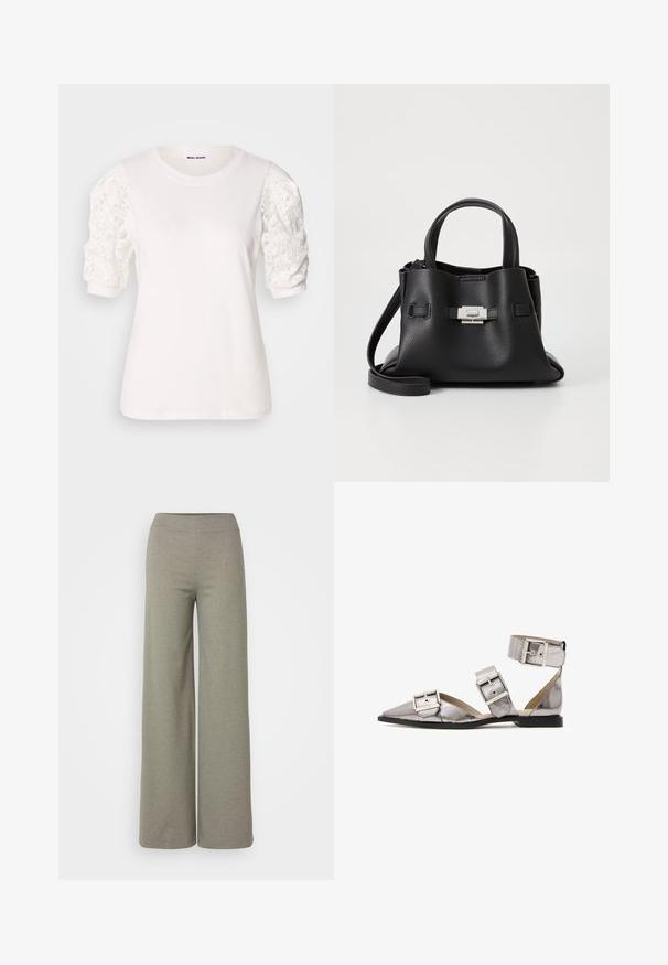 Hvid t-shirt med korte, puffede ærmer lavet af blonder. Rund halsudskæring, blød tekstur og en let løs pasform. Mærketikette synlig indeni.; Bredbuks i lysegrå materiale, med elastisk talje og glat tekstur, uden synlige mønstre eller hardware.; AllSaints SUTTON - Sandaler m/ skaft - GUNMETAL GREY; Sort læderhåndtaske med en tekstureret overflade, der har to bærehåndtag, en aftagelig skulderrem og en detalje med sølvspænde.