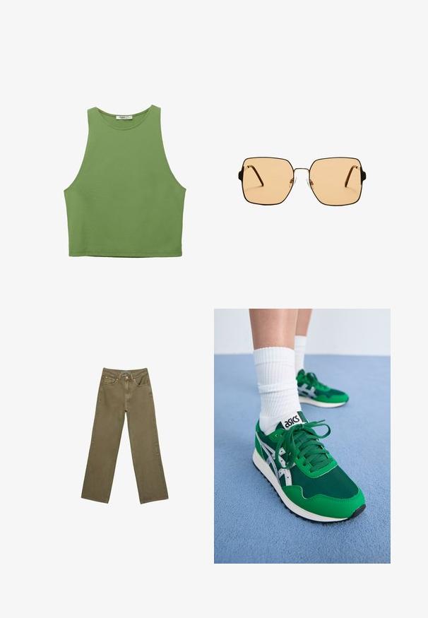 Vihreä lyhyt toppi, jossa on sileä pinta, hihaton muotoilu, leveä kaula-aukko ja ommeltu reuna. Valmistettu kevyestä kankaasta.; Vihreät leveälahkeiset farkut, valmistettu puuvillasta, jossa on kestävä pinta. Ominaisuuksiin kuuluu vetskari, viisi taskua ja erottuva ommel vyötärön kohdalla.; Vihreät verkosta ja synteettisestä materiaalista valmistetut lenkkarit valkoisilla aksentilla ja mustalla kumipohjalla. Varustettu nauhoilla, pehmustetulla kauluksella ja ASICS-logolla kielekkeellä.; Neliömäiset aurinkolasit ruskeilla linsseillä ja ohuella mustalla metallikehyksellä. Varusteena on kulmikkaat tempulit ja säädettävät nenätyynyt mukavuutta varten.