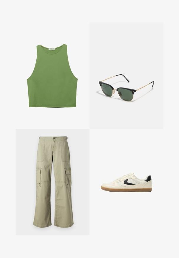 Zeleno prerezana majica brez rokavov z gladko teksturo, širokim ovratnikom in zašito obrobo. Narejena iz lahkega materiala.; Khaki cargo hlače z ohlapnim krojem, ki imajo dva stranska žepa, sprednjo zaporo na gumb in široke noge. Iz bombažnega materiala z gladko teksturo.; Bershka Športni copati - white; Sončna očala z zelenimi lečami, črnimi plastičnimi zgornjimi okvirji, zlatimi kovinskimi detajli in tankimi črnimi ročaji. Imajo edinstveno obliko mostu.