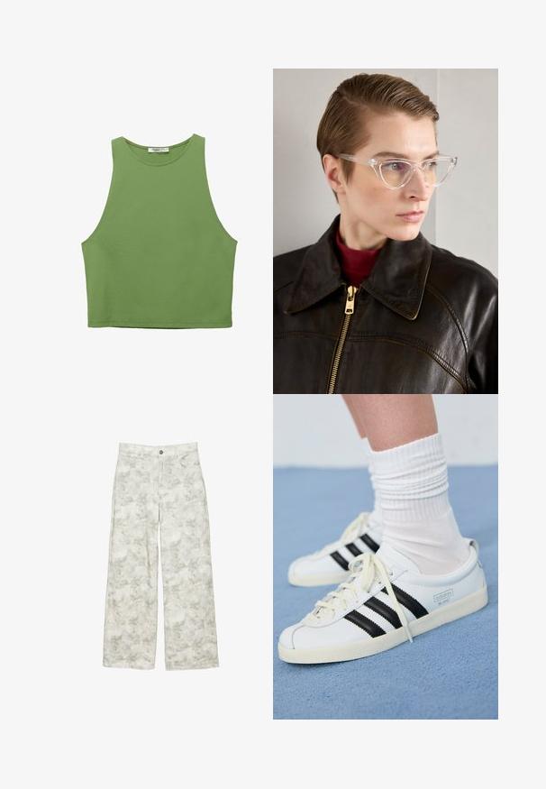 Top scurt verde, cu o textură netedă, design fără mâneci, decolteu larg și margini coase. Fabricat dintr-un material ușor.; Blugi albi cu picioare largi, având un model floral subtil în nuanțe de gri și verde deschis, cu un design cu cinci buzunare și închidere cu un nasture argintiu.; Sneakers din piele albă cu dungi negre, talpă crem și șireturi deschise. Purtați cu șosete albe cu model, poziționați pe un fundal albastru.; Ochelari cat-eye din acetat transparent, cu lentile galbene, purtați de o persoană într-o jachetă din piele neagră și un pulover roșu. Textură netedă.