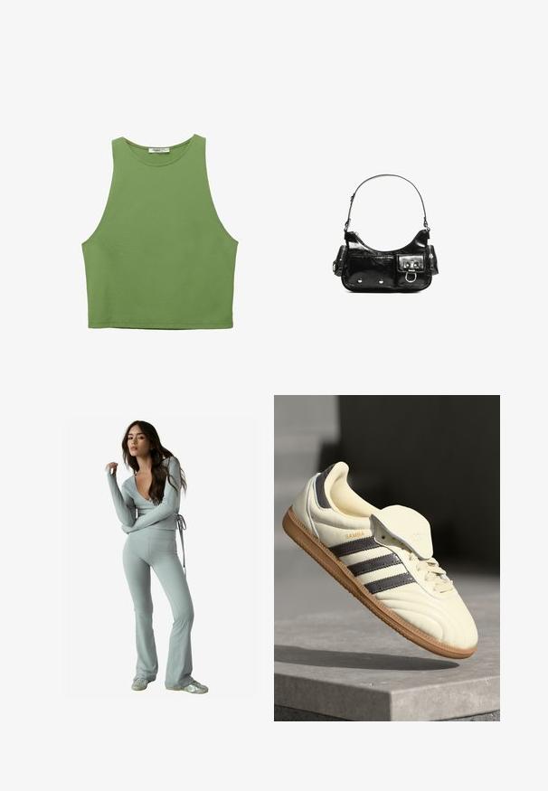 Zielony krótki top bez rękawów o gładkiej fakturze, szerokim dekolcie i przeszytych krawędziach. Wykonany z lekkiego materiału.; Jasnoszara, długosleeve'owa bluzka w stylu wrap z głębokim dekoltem w serek i regulowanym paskiem w talii, połączona z dopasowanymi spodniami w stylu dzwonów z miękkiego, elastycznego materiału.; Kremowe skórzane trampki z trzema ciemnymi paskami, brązową gumową podeszwą i zaokrąglonym noskiem. Posiadają składany język z napisem "SAMBA".; Czarna torebka z lakierowanej skóry o zaokrąglonym kształcie, z jednym paskiem na ramię, przednimi kieszeniami i akcentami w kolorze srebrnym.