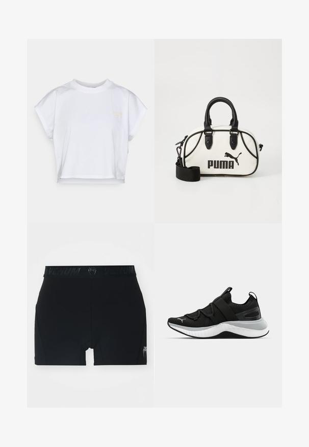T-shirt branca curta feita de algodão, apresentando um decote redondo, mangas curtas e um pequeno logotipo amarelo na parte da frente. Design plano, sem padrões.; Calções de desporto pretos com uma cintura larga apresentando "Venum" em letras em relevo. Tecido suave, design ajustado e um corte curto com pormenores laterais.; Sapatilha atlética preta com um upper texturizado, tiras elásticas e uma entressola grossa branca. Apresenta um detalhe cinza ao longo da sola.; Bolsa branca com detalhes em preto, apresentando o logótipo da Puma. Alças curtas e arredondadas e uma alça removível, feita de material sintético texturizado.