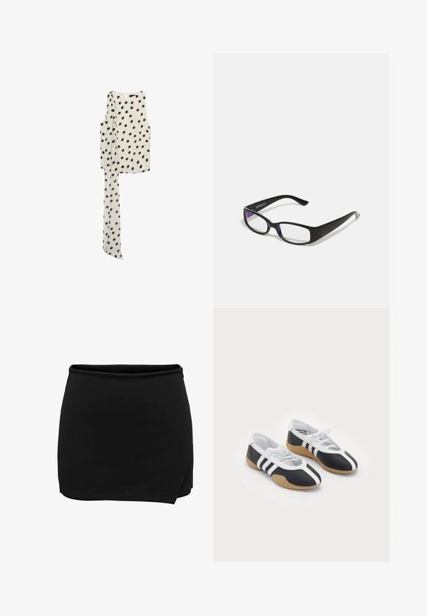 Mango ADELA - Top - off-white; Crna suknja s elastičnim pojasom, s omotač dizajnom. Izrađena od glatkog materijala, ima jednostavan, čist siluet. Bez dodatnih detalja.; Crne i bijele atletske cipele sa elegantnim dizajnom, gumeni potplat, vezanje i tri bijele pruge sa strane.; Crne pravokutne naočale s prozirnim lećama. Sjajni finiš, uske krakove i ljubičastu nijansu vidljivu na rubovima leća.; Svila marama s raznobojnim cvjetnim i geometrijskim uzorkom u nijansama narančaste, plave, smeđe i krem. Trokutasti krajevi s glatkom teksturom.; Crna platnena torba s teksturiranim, kviltanim uzorkom. Okrugli oblik, kratke, debele ručke i meka, fleksibilna struktura.