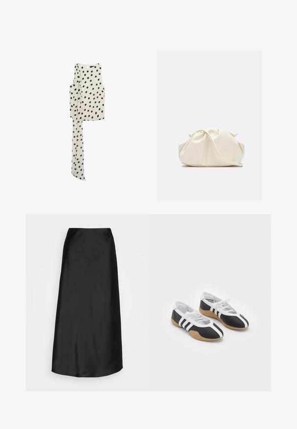 Mango ADELA - Top - off-white; Gonna midi nera in satin con una texture liscia, forma a linea A e una leggerissima lucentezza. Presenta un design elegante e semplice, senza decorazioni.; Scarpe da ginnastica in bianco e nero con un design elegante, suola in gomma, chiusura con lacci e tre strisce bianche sui lati.; Borsa in ecopelle color crema, morbida, con design arricciato, tracolla regolabile e chiusura a coulisse discreta. Texture liscia e forma arrotondata.