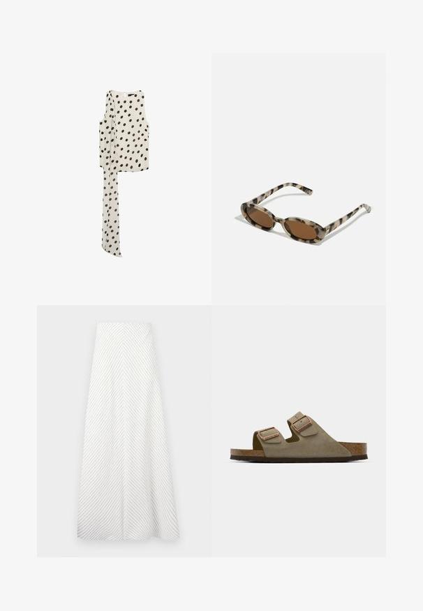 Mango ADELA - Top - off-white; Hvid nederdel med diagonale navy striber, let svævende design og en glat tekstur. Har høj talje og en rummelig A-form.; Lys taupe ruskindsandale med to justerbare stropper og hardware i rosaguld. Korkfodbed på en tekstureret brun sål. Åben tå-design.; Sellebriller i skildpaddesmønster med ovale linser, brun toning og tynde mønstrede sider. Letvægts plastikmateriale med subtile guldfarvede accenter.; Brun læder tote bag med to forlængede håndtag, struktureret rektangulær form, glat overflade og subtile syninger.; Sølvfarvede hoops ørestikker med en række klare sten og en rund krystalvedhæng hængende fra hver. Poleret metal, slankt design.