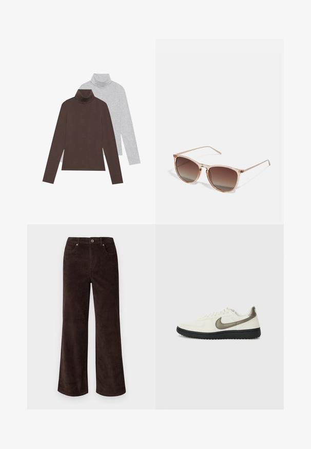 Duos ilgos rankovės golfo marškinių: vieni tamsiai rudos, kiti šviesiai pilki. Pagaminti iš lygaus audinio su prigludusia forma ir raukšlėtu kaklu.; Vero Moda Petite VMTESSA PANTS - Kelnės - chocolate torte; Nike Sportswear FIELD GENERAL - Sportbačiai - off-white/black; Rudi gradientiniai saulės akiniai su permatomu rožiniu rėmeliu, kvadratinės formos ir plonomis metalinėmis šakėmis. Yra su apvalintais kraštais ir minimaliais dekoratyviniais elementais.