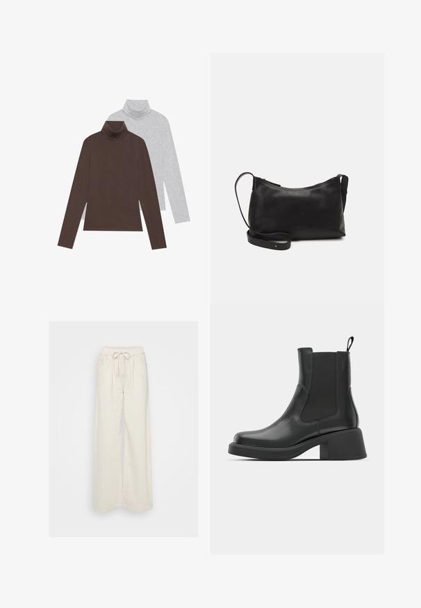 Deux tops à manches longues avec col roulé : l'un en marron foncé, l'autre en gris clair. Fabriqués en tissu lisse avec un design ajusté et un col côtelé.; Pantalons larges de couleur crème en tissu doux avec une taille élastique et cordon de serrage. Comprend deux poches latérales.; Bottines en cuir noir avec des panneaux élastiques sur les côtés, un bout rond et un talon épais. Texture lisse avec un design minimaliste.; Sac à épaule en cuir noir avec une texture lisse, une forme courbée, une bandoulière ajustable et une fermeture éclair. Design minimaliste sans embellissements.