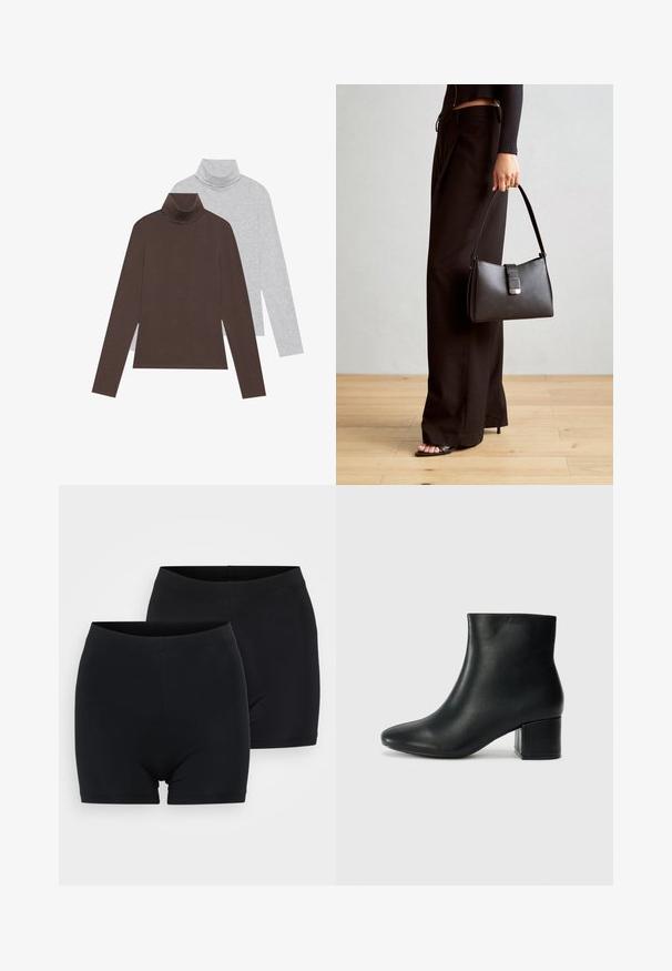 Două bluze cu mânecă lungă și guler înalt: una în maro închis, cealaltă în gri deschis. Realizate dintr-un material neted cu un design ajustat și guler texturat.; Două perechi de pantaloni scurți din bumbac negru, cu o textură mătăsoasă, având un talie simplă, fără cusături și un design de lungime medie până la coapsă.; Cizme negre din piele până la gleznă, cu vârf ascuțit și toc robust. Textură netedă, cu accente minime și un design elegant, ajustat.; Genți negre cu o formă structurată, textură netedă și un închizător metalic. Asortată cu pantaloni negri largi și sandale cu vârf deschis pe un podea din lemn.