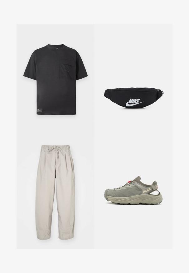 Must t-särk lühikeste varrukatega, ümar kaelus, musta värvi, vasakul rinnal esi-taskuga ja väike silt allääres.; Beeži, kerged püksid elastse vöökoha ja nööriga. Omavad voldikuid ja laia istuvust, valmistatud pehmest, siledast kangast.; Heled hallid spordijalatsid, millel on võrgust pealse osa, pehmendatud krae ja paela silmade süsteem. Omab paksu, tekstuurset talla, mis tagab stabiilsuse ja haarde.; Must must sisaldav must nailonist vöötasku, millel on lukuga sulgemine ja suur valge Nike logo. Sile tekstuur ja ergonoomiline disain mugavaks kandmiseks.