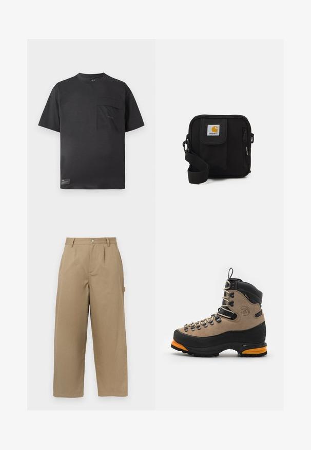 Černé tričko s krátkým rukávem a kulatým výstřihem, se spodní kapsou na levém prsu a malou etiketou blízko spodního lemu.; Béžové široké kalhoty z kombinace bavlny, s vysokým pasem, předními sklady a dvěma bočními kapsami s uzávěrem na knoflík.; Hnědé semišové a černé kožené turistické boty s oranžovými akcenty, kovovými očky a silnou gumovou podrážkou. Obsahují zesílenou špičku a vysokou podporu kotníku.; Černá crossbody taška s hlavním oddílem na zip, přední kapsou, nastavitelním popruhem a viditelnou logem na klopě.