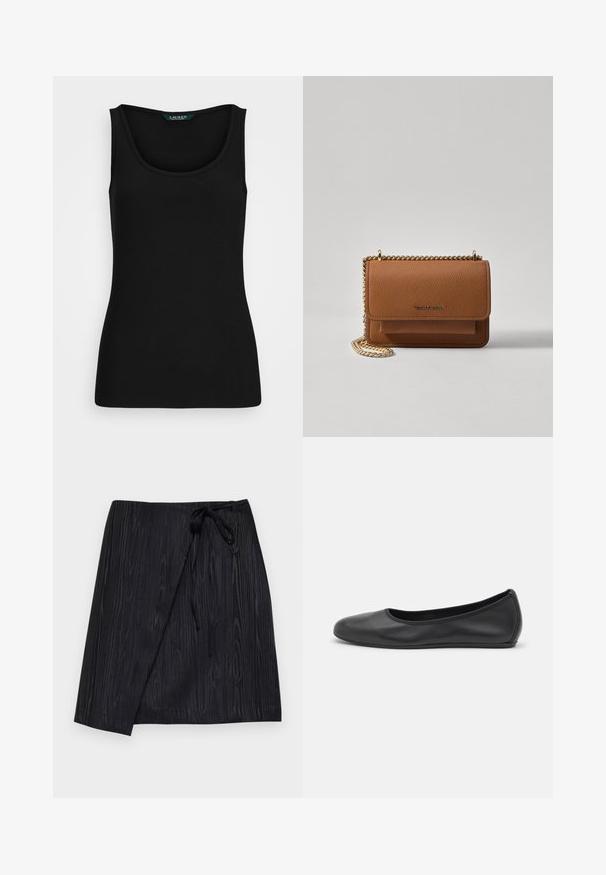 Zwart geribbeld tanktop met een ronde halslijn, aansluitende vorm en naadloze randen. Stof is zacht en rekbaar. Etiket zegt "LAUREN."; Zwarte wikkelrok met een gestructureerd houtnerfpatroon, voorzien van een striksluiting in de taille en een rechte silhoeët.; Zwarte leren ballerina met een ronde neus, gladde textuur, minimale stikdetails en een flexibele zoolontwerp.; Bruine lederen schoudertas met textuur, voorzien van een gouden kettingstrap en klepsluiting. De voorkant heeft een logo-detail en een zak onder de klep.