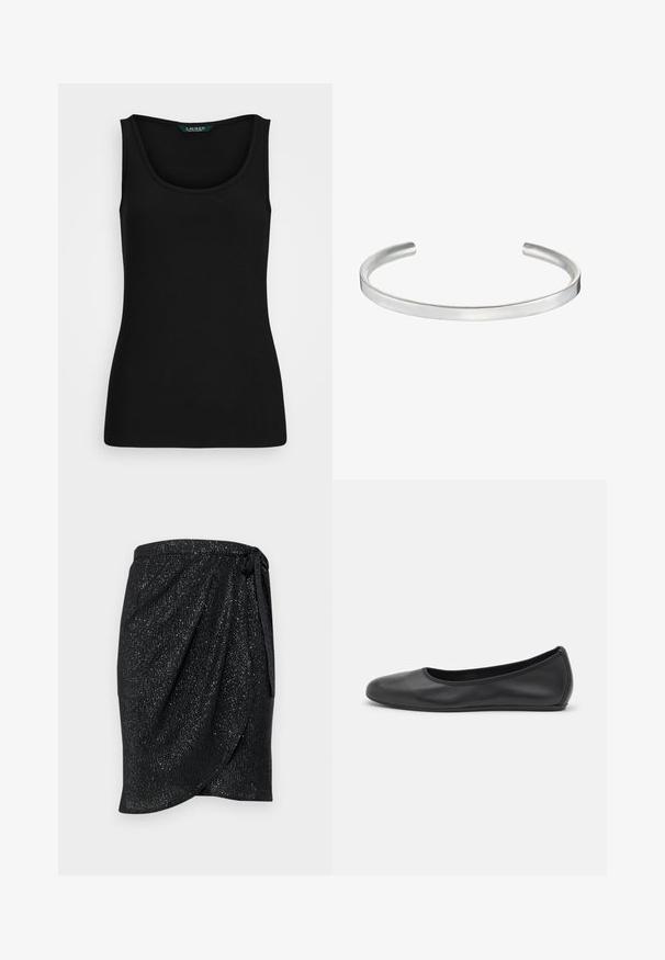 Black ribbed tank top with a rounded neckline, fitted shape, and seamless edges. Fabric is soft and stretchy. Label reads "LAUREN."; Black wrap skirt with a textured, shimmering finish. Features a tie at the waist and a draped design for a sleek silhouette.; Black leather ballet flat with a rounded toe, smooth texture, minimal stitching detail, and a flexible sole design.; Silver metal cuff bracelet with a smooth, matte finish. Features an open design with rounded edges, allowing for adjustable sizing.