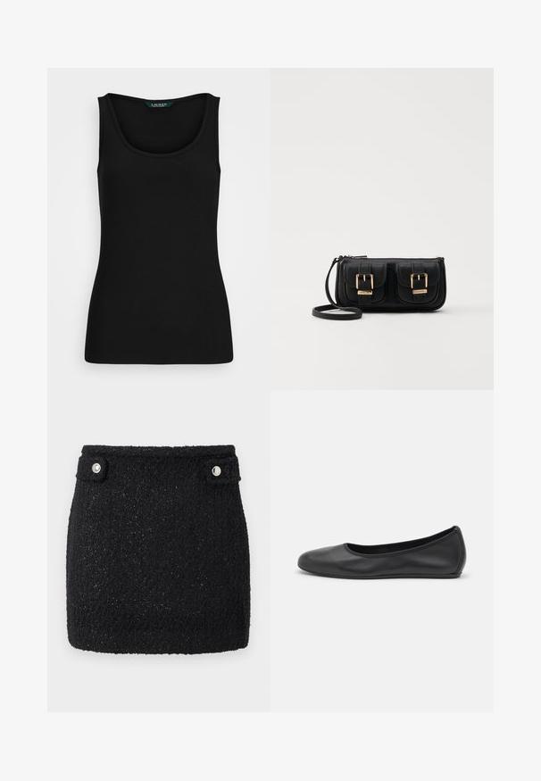 Sort ribbet tanktop med en rund halsudskæring, tætsiddende form og sømløse kanter. Stoffet er blødt og strækbart. Etiketten siger "LAUREN."; Sort miniskirt lavet af tekstureret stof med subtil glans. Har to sølvfarvede trykknapper i taljen til lukning.; Sort læderballetsko med rund tå, glat tekstur, minimal syning og et fleksibelt såldesign.; Sort læder crossbody taske med to frontlommer, guldspænder, lynlåslukning og en slank rem. Struktureret overflade og kompakt rektangulær form.
