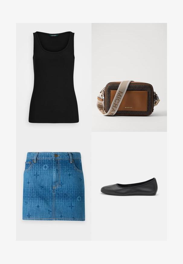 Fekete bordázott ujjatlan felső lekerekített nyakkivágással, testhez simuló fazonnal és varrás nélküli szélekkel. Az anyag puha és rugalmas. A címke azt olvassa: "LAUREN."; Világoskék farmer mini szoknya, elhalványult textúrával, gombos záródással, övhurkokkal és kis csillagokkal díszített mintázattal.; Fekete bőr balettcipő lekerekített orral, sima tekstúrával, minimális varrással és rugalmas talp kialakítással.; Barna bőr és monogramos vászon keresztpántos táska arany logóval, kontrasztos világosbarna kiegészítővel és texturált szövet pánttal.