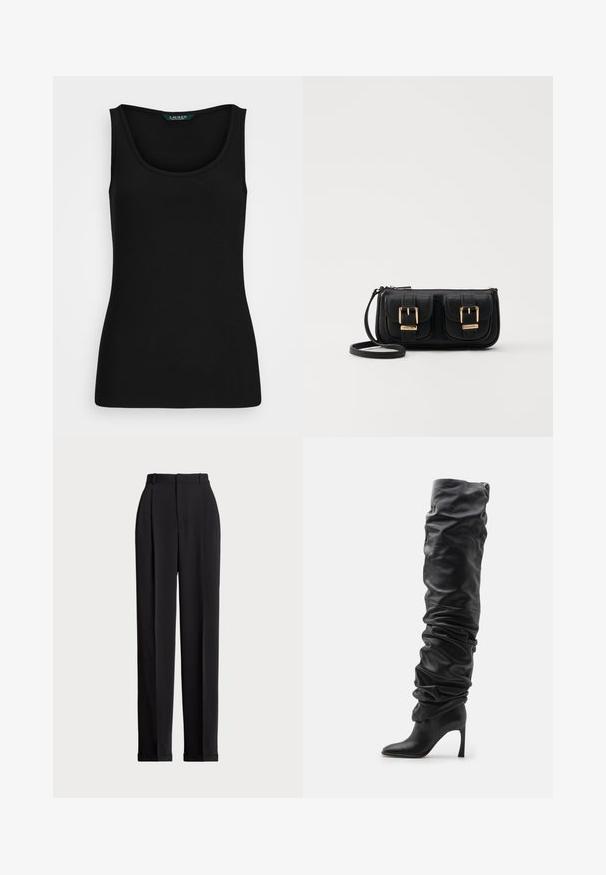 Black ribbed tank top with a rounded neckline, fitted shape, and seamless edges. Fabric is soft and stretchy. Label reads "LAUREN."; Black tailored trousers with a high waist, featuring pleats at the front, a straight leg design, and a cuffed hem. Made from smooth fabric.; Black leather over-the-knee boot with a slouchy design, pointed toe, and a stiletto heel. Features soft texture and gathered detailing.; Black leather crossbody bag with two front pockets, gold buckles, zipper closure, and a slim strap. Textured surface and compact rectangular shape.