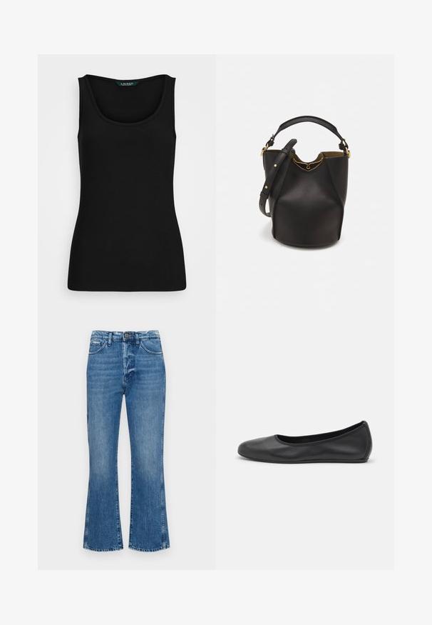 Must riibuline tuunikas ümarate kaelustega, vormatud lõikega ja õmblusteta servadega. Kanga materjal on pehme ja veniv. Etikett ütleb "LAUREN."; Laienevad sinised teksad, mis on valmistatud denimist, keskise kõrgusega vöökoht, lukuga lukk ja kontrastne tikand, heleda pesu ja kerge kulumisega.; Musthave mustika tantsutossud mustast nahast, ümmarguse varbaga, siledast tekstuurist, minimaalse õmblusdetailiga ja paindliku tallakujundusega.; Mustast nahkämbriga kott tekstuurses viimistluses, kuldsete metalldetailide aktsentidega ja avatud ülaosaga. Omab lühikest käepidet ja reguleeritavat õlavarre rihma.