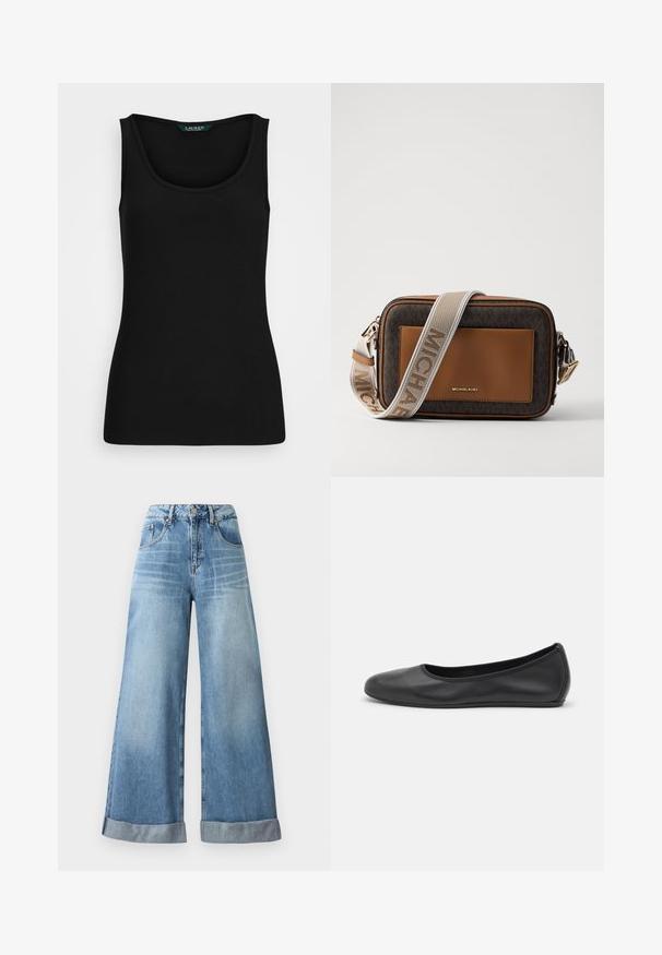 Black ribbed tank top with a rounded neckline, fitted shape, and seamless edges. Fabric is soft and stretchy. Label reads "LAUREN."; Light blue wide-leg jeans in denim with a high waist, featuring a button closure, five pockets, and folded cuffs at the hem.; Black leather ballet flat with a rounded toe, smooth texture, minimal stitching detail, and a flexible sole design.; Brown leather and monogram canvas crossbody bag with a gold logo, contrasting tan accent, and a textured fabric strap.