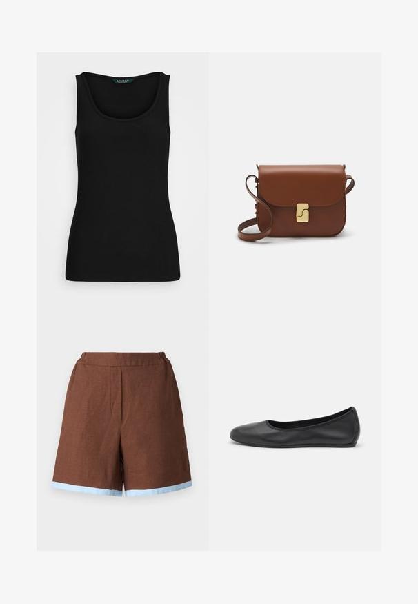 Crni rebrasti top bez rukava s zaobljenim izrezom, priljubljen oblikom i neprimjetnim rubovima. Tkanina je meka i rastezljiva. Na oznaci piše "LAUREN."; Smeđe lanene šortse s elastičnim pojasom, s svijetloplavim obrubom. Dizajn je krojen s bočnim džepovima i ravnim krojem.; Crne kožne baletanke s zaobljenim vrhom, glatke teksture, minimalnim detaljima šavova i fleksibilnim dizajnom potplata.; Smeđa kožna torba s preklopom, zlatnim detaljima, remenom za nošenje preko ramena i glatkom teksturom. Kompaktni pravokutni oblik.