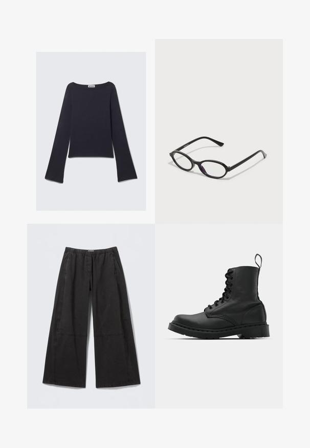 Dark blue long-sleeve top with a wide neckline and flared sleeves. Made of a smooth textile, features a fitted body and minimal design.; Wide-leg black pants made of cotton, featuring an elastic waistband, textured fabric, and stitched panel detailing along the sides.; Black leather combat boot with a round toe, lace-up front, and a pull tab at the ankle. Features a thick rubber sole for durability.; Black oval-frame glasses with translucent purple accents on the lenses. Frames have a matte finish and slender, straight temples.; Brown leather crossbody bag with a curved shape, gold hardware, and a buckle accent. Features a detachable shoulder strap.