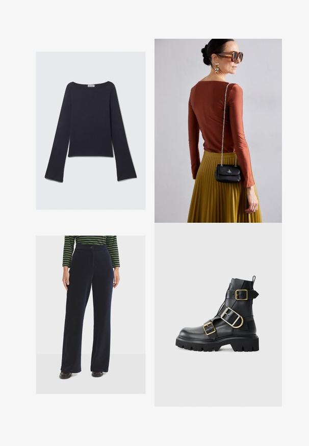 Ciemnoniebieska bluzka z długim rękawem, szerokim dekoltem i rozszerzanymi rękawami. Wykonana z gładkiego materiału, z dopasowanym krojem i minimalistycznym wzornictwem.; Granatowe szerokie spodnie z prążkowanym wzorem i zapięciem na guzik, wykonane z teksturowanej tkaniny i z wysokim stanem, w połączeniu z ciemnymi butami.; Czarne skórzane botki za kostkę z masywną podeszwą, wyposażone w liczne paski i złote akcenty. Gładka tekstura, surowy design.; Vivienne Westwood - Torba na ramię