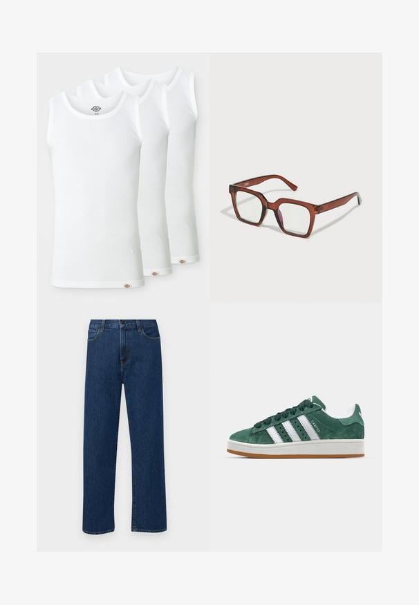 Drie witte tanktops van ribgebreide katoen. Elke top heeft een ronde halslijn en een klein logo-label aan de zoom. Klassiek, eenvoudig design.; Donkerblauwe rechte denim jeans met frontzakken en een knoopsluiting, weergegeven op een effen witte achtergrond.; Groene suède sneaker met witte leren strepen, rubberen zool, gepolsterde kraag en een minimalistisch ontwerp. Bevat merkbranding aan de zijkant.; Bruine oversized rechthoekige bril met heldere lenzen en een lichte roze tint op de rechterlens. Kunststof montuur met een fijne textuur.
