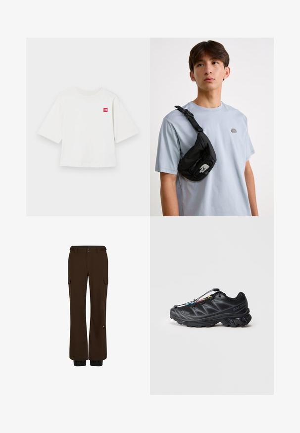 White short-sleeve t-shirt made of cotton. Features a small red square logo on the left chest area. Straight cut. Soft texture.; Brown cargo pants made of durable fabric, featuring multiple pockets, a button closure, and elastic cuffs at the ankles.; Black athletic shoe with a textured mesh upper, reinforced toe, and a quick-lace system. Features a rugged outsole and slight heel elevation.; Black nylon crossbody bag with adjustable strap, featuring a prominent white logo. Worn over a light blue t-shirt. Simple, functional design.