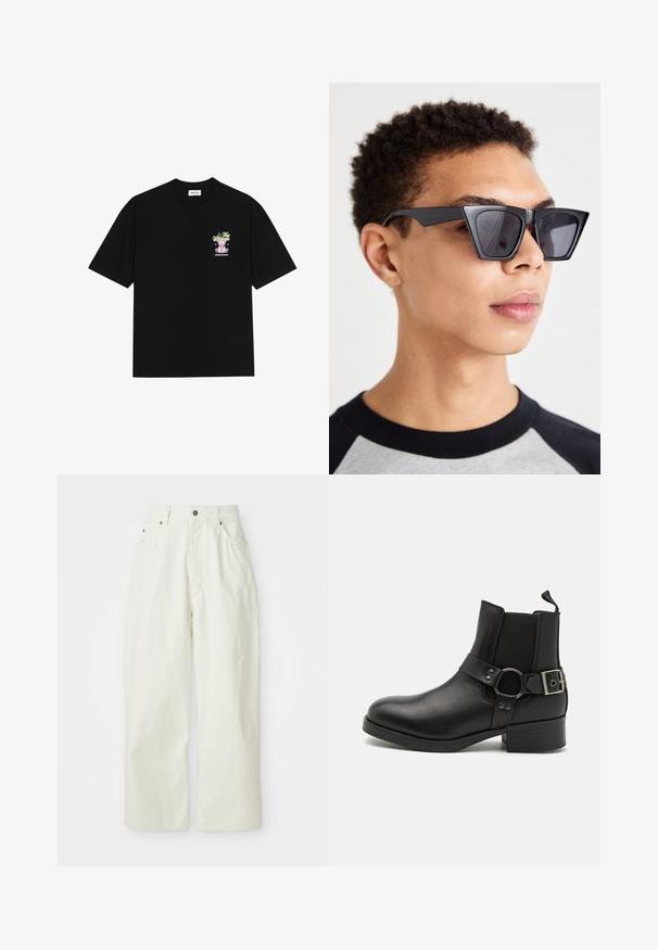 Černé bavlněné tričko s barevným potiskem na levém prsu, zobrazující medvídka a stylizovaný text, s krátkými rukávy a kulatým výstřihem.; Bílé kalhoty s širokými nohavicemi vyrobené z bavlny, s vysokým pasem, pěti kapsami a kovovým zapínáním na knoflík. Hladká textura s minimalistickým designem.; Steve Madden ANTONN - Kovbojské/motorkářské kotníkové boty - black; Černé úhlové sluneční brýle s tmavými skly, které mají výrazný geometrický design a matný povrch. Nosí je osoba s krátkými vlasy.