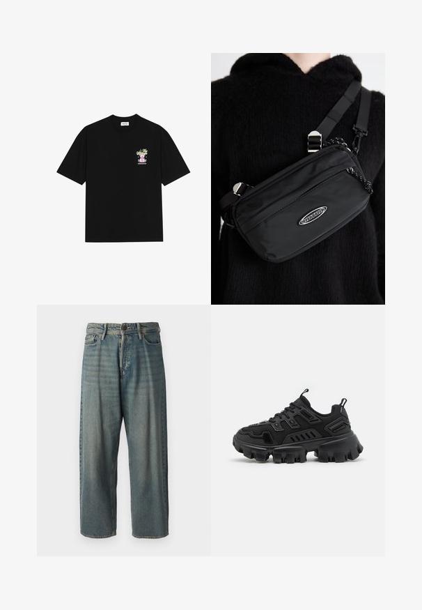 Melna kokvilnas T-krekls ar krāsainu grafiku pa kreisi uz krūtīm, attēlojošu lāci un stilizētu tekstu, ar īsām piedurknēm un apaļu kakla izgriezumu.; Gaiši zili džinsi ar brīvu piegriezumu, vidējo jostas augstumu un taisnām kājām. Satur piecas kabatas, jostas cilpas un pogu aizdari.; Melnas sporta kurpes ar teksturētu gumijas zoli, slāņveida dizaina elementiem un pastiprinātiem akcentiem. Iekļautas šņorēšanas auklas un pacelšanas cilpa uz papēža.; Melnas neilona pārnēsājamā soma ar regulējamām siksnas, ar gludu tekstūru, priekšējo rāvējslēdzēja kabatu un logotipa akcentu.