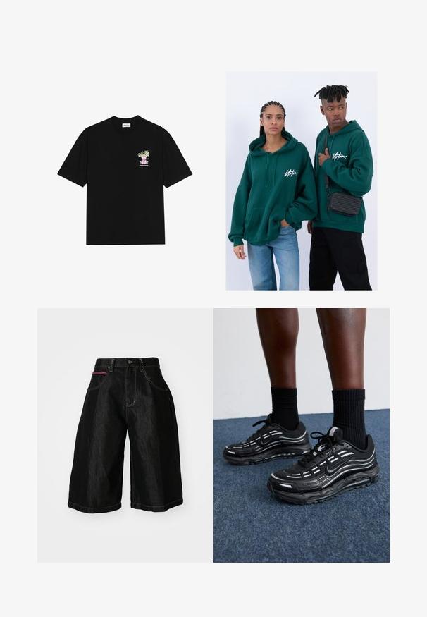 Camiseta de algodón negra con un gráfico colorido en el lado izquierdo del pecho, que representa un oso de peluche y texto estilizado, con mangas cortas y cuello redondo.; Shorts de mezclilla negra con piernas anchas, que cuentan con cinco bolsillos, un cierre de botón y costuras en contraste. Un bolsillo tiene un acento rojo.; Las zapatillas Nike negras presentan una parte superior de malla con franjas de acento, cordones texturizados y una suela de goma negra. Se llevan con calcetines negros de canalé.; Sudaderas con capucha verdes y bolsillos frontales, de ajuste holgado. Un modelo lleva jeans negros, el otro lleva un bolso cruzado negro.