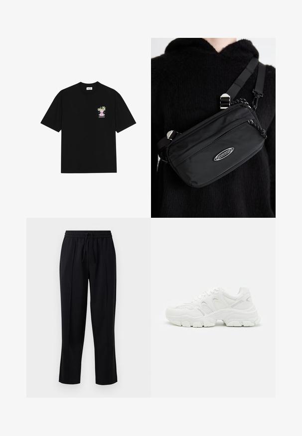 Juodo medvilnės marškinėliai su spalvinga grafika kairėje krūtinės pusėje, vaizduojančia meškutį ir stilizuotą tekstą, trumpomis rankovėmis ir apvaliu kaklu.; Juodi kelnės pagamintos iš švelnaus, lengvo audinio. Turi elastingą juosmenį su raišteliu, tiesių kojų dizainą ir priekinės raukšlės.; Balsvi bėgimo sportbačiai su tinklelio viršumi ir odiniais akcentais, tekstūruota guma iš apačios ir masyvi konstrukcija su ryškiais kontūrais.; Juodas nailono per petį nešiojamas krepšys su reguliuojama juosta, turintis lygią tekstūrą, priekinį užtrauktuką ir logotipo akcentą.