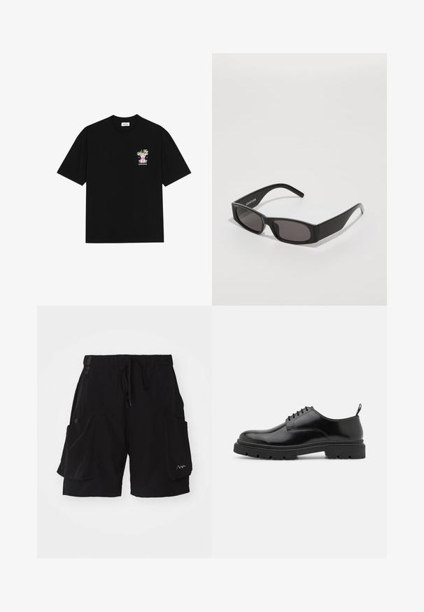 Mustat puuvillapaidat, joissa on värikäs graafinen kuva vasemmalla rinnalla, esittäen teddykarhua ja tyyliteltyä tekstiä, lyhyillä hihoilla ja pyöreällä kaula-aukolla.; Mustat cargo-shorts kevytmateriaalista, jossa on joustava vyötärönyöri, useita sivutaskuja ja logoelementti.; Mustat nahkaiset nauhaketjut kengät, joissa on pyöreä kärki, sileä pinta ja uritettu kumipohja. Varustettu pienellä kannalla ja vetoluukulla takana.; Mustat suorakulmaiset aurinkolasit tummilla linsseillä, sileä muovikehys ja hienovarainen logo vasemmassa varressa. Minimalistinen muotoilu.