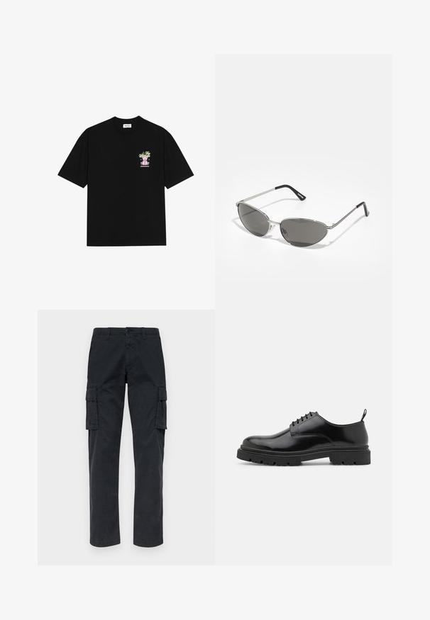Black cotton t-shirt featuring a colorful graphic on the left chest, depicting a teddy bear and stylized text, with short sleeves and a crew neck.; Black cargo pants made from sturdy fabric, featuring two side pockets, straight legs, and a button closure at the waist.; Black leather lace-up shoes with a rounded toe, smooth texture, and ridged rubber sole. Features a small heel and a pull tab at the back.; Sunglasses with a sleek, silver metal frame, gray tinted lenses, and an aerodynamic design featuring pointed edges and thin arms.