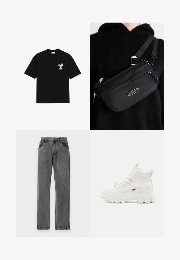 Black cotton t-shirt featuring a colorful graphic on the left chest, depicting a teddy bear and stylized text, with short sleeves and a crew neck.; Black denim jeans with a straight-leg design, featuring five pockets, a button closure, and subtle stitching details on the seams.; White ankle-high sneakers with a textured finish, thick rubber sole, and padded collar. Features lace-up design and a logo accent.; Black nylon crossbody bag with adjustable strap, featuring a smooth texture, a front zipper pocket, and a logo accent.