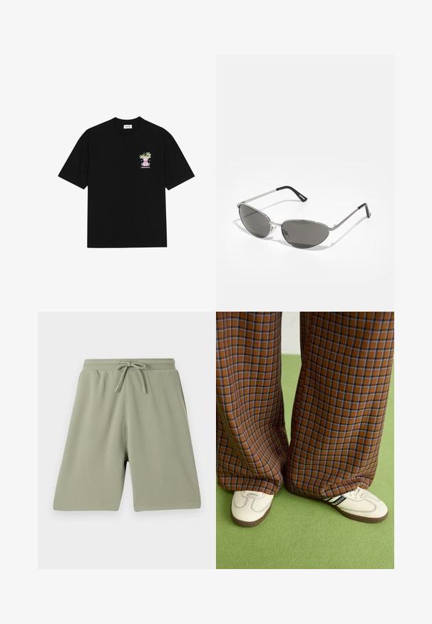 Must t-särk mustast puuvillast, millel on värviline graafika vasakul rinnal, kujutades karu ja stiliseeritud teksti, lühikeste varrukatega ja ümmarguse kaelusega.; Heledad rohelised lühikesed püksid, mis on valmistatud tekstureeritud kangast, elastse vöökoha ja nööriga. Sirge lõikega ja põlvepikkune disain.; Pruunide ja siniste ruuduliste laiad püksid, mille juurde on kombineeritud valged kingad mustade aktsentidega ja tekstuursete taldadega, roheline taust.; Prillispid prillid, millel on peen hõbedane metallraam, hallid toonitud läätsed ja aerodünaamiline disain, millel on teravad servad ja õhukesed varred.