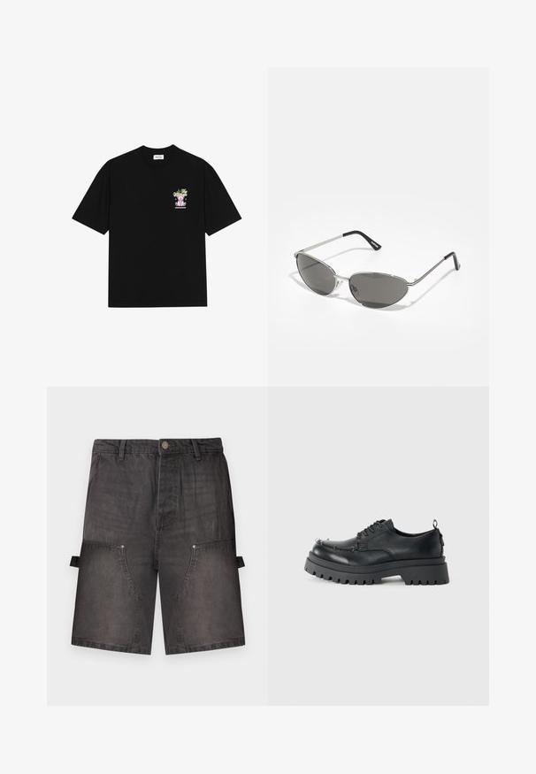 T-shirt preta de algodão com um gráfico colorido no lado esquerdo do peito, retratando um urso de peluche e texto estilizado, com mangas curtas e gola redonda.; Calções de ganga cinza com um ajuste descontraído, apresentando dois bolsos frontais e bolsos laterais tipo cargo com fechos de pressão.; Sapato preto de couro grosso com atacadores, sola robusta e ilhós de metal na área dos dedos, fotografado num fundo claro e simples.; Óculos de sol com uma estrutura metálica prateada elegante, lentes cinzentas e um design aerodinâmico com bordas pontiagudas e hastes finas.