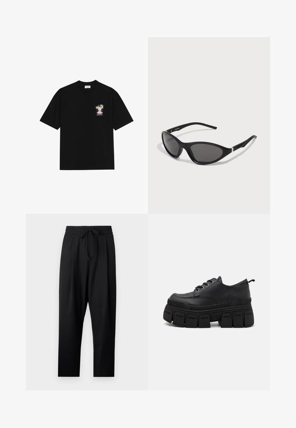 Czarna bawełniana koszulka z krótkim rękawem, z okrągłym dekoltem, z kolorową grafiką na lewym piersi, przedstawiającą pluszowego misia oraz stylizowany tekst.; Czarne, lekkie spodnie o luźnym kroju. Posiadają elastyczny pas z regulowanym sznurkiem oraz boczne kieszenie. Gładka tekstura.; Buffalo GOSPHER czarny; Czarne okulary przeciwsłoneczne w kształcie kociego oka z elegancką, matową oprawą, ciemnymi soczewkami i srebrnymi akcentami na zausznikach. Nowoczesny design o wyrazistym kształcie.