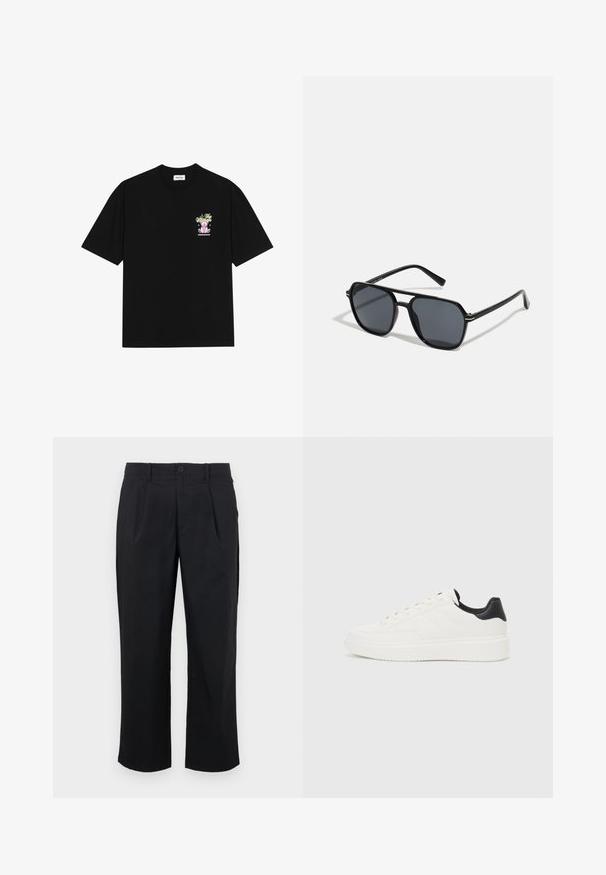 Black cotton t-shirt featuring a colorful graphic on the left chest, depicting a teddy bear and stylized text, with short sleeves and a crew neck.; Black trousers with a straight fit, featuring pleats at the front, a button closure, and smooth fabric texture.; White leather sneaker with embossed pattern, textured white midsole, and black heel accent. Features rounded toe and flat laces.; Black sunglases with octagonal frame, dark lenses, glossy finish, thin temples, and gold accents on the front.