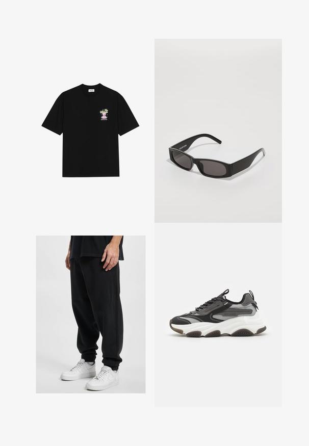 Svart bomull t-skjorte med et fargerikt grafisk design på venstre bryst, som viser en teddybjørn og stilisert tekst, med korte ermer og rund hals.; DEF Joggebukse - black washed; Chunky sneakers i svart, grått og hvitt. Har mesh- og syntetisk overdel, snøring, og en tykk hvit såle med teksturert brun yttersåle.; Sorte rektangulære solbriller med mørke linser, en glatt plastikkramme og en subtil logo på venstre arm. Minimalistisk design.; Svart nylon crossover-veske med justerbar stropp, med en jevn tekstur, en frontlomme med glidelås, og en logo-detalj.