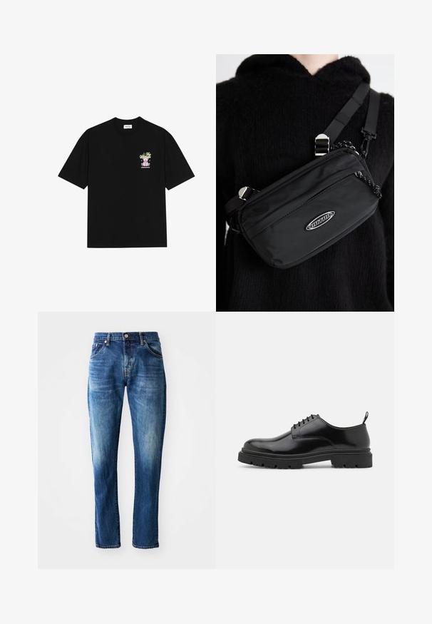 Črna bombažna majica s kratkimi rokavi in krožnim izrezom, ki ima na levi strani prsnega dela pisano grafiko, ki prikazuje medvedka in stilizirano besedilo.; Temno modri kavbojki z ravno nogavico, petimi žepi, bledečimi detajli ter sprednjim zapiranjem na gumb z zadrgo.; Črne usnjene čevlje za vezanje z zaobljenim nosom, gladko teksturo in rebrastim gumijastim podplatom. Imajo majhno peto in zanka na zadnji strani.; Črn najlon torba za čez ramo z nastavljivim trakom, ki ima gladko teksturo, sprednji žep na zadrgo in akcent z logotipom.