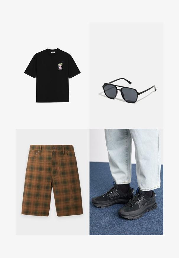 Must t-särk mustast puuvillast, millel on värviline graafika vasakul rinnal, kujutades karu ja stiliseeritud teksti, lühikeste varrukatega ja ümmarguse kaelusega.; Pruunist ruudulisest kangast lühikesed püksid tekstuuriga mustriga, klassikalise lõikega, viie taskuga ja metallist detailidega vööl.; Mustad mustad jooksukingad, millel on tekstureeritud kangas ja kummist tallad, elastsed nöörid ning sinine aksent kandadel. Kandmine heledate teksadega.; Mustad mustad prillid oktaalpäistega, tumedad läätsed, läikiv viimistlus, õhukesed templid ja kuldsed aktsendid ees.