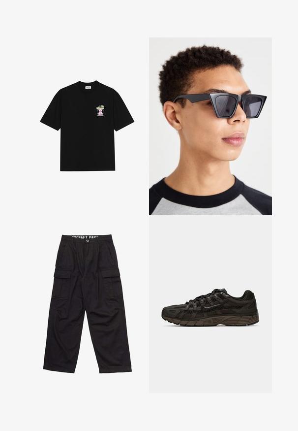 Svart bomull t-skjorte med et fargerikt grafisk design på venstre bryst, som viser en teddybjørn og stilisert tekst, med korte ermer og rund hals.; Svart cargo-bukser laget av bomull, med en avslappet passform, flere sidelommer og en flat midje med synlige detaljer.; Sorte joggesko laget av mesh og suede materialer, med en teksturert overdel, fremtredende snøresystem og lagdelt såledesign.; Sorte, vinklede solbriller med mørke linser, med et dristigt geometrisk design og en mat finish. Båret af en person med kort hår.