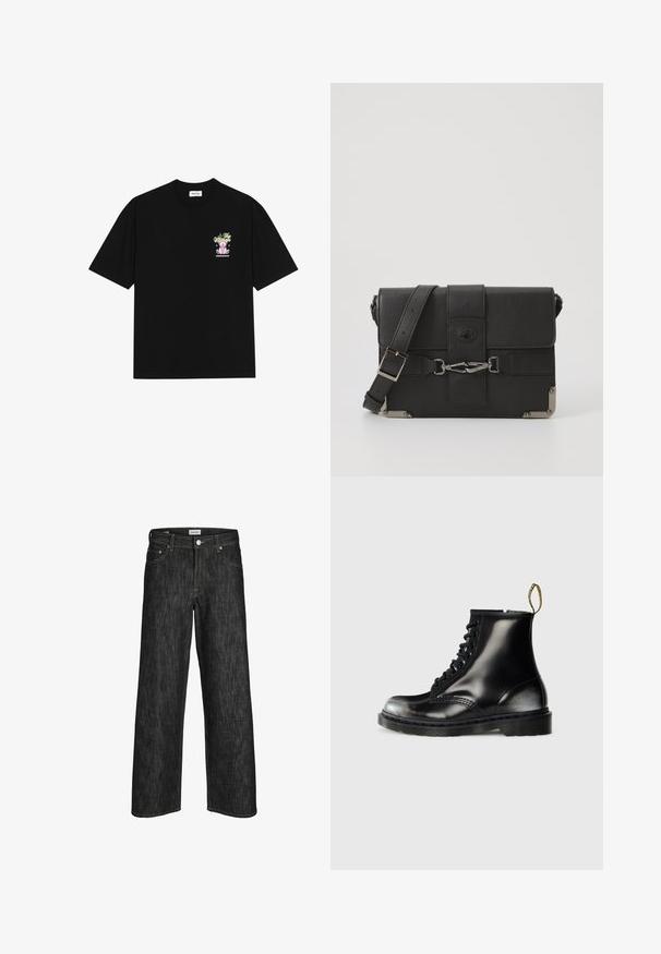 Crna pamučna majica s kratkim rukavima i okruglim izrezom, s šarenim grafičkim prikazom na lijevoj strani prsnog dijela, koji prikazuje teddy medvjedića i stilizirani tekst.; Crne traperice širokih nogavica s kontrastnim žutim šavovima, pet džepova i zatvaranjem na gumbe u struku. Izdržljiv materijal.; Crne kožne gležnjače s sjajnom završnom obradom, osam rupa za vezanje, crne vezice i petlja za lakše obuvanje. Imaju teksturiranu potplate s uzorkom.; Crna kožna torba preko ramena s teksturiranom površinom, metalnim detaljima, podešivim remenom i preklopom s detaljima kopče.