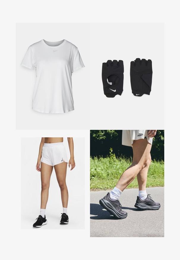 Tricou alb cu mânecă scurtă, confecționat dintr-un material neted, având guler rotund și un mic logo Nike gri pe piept.; Pantaloni scurți albi pentru atletism cu talie cu dungi, fante laterale și un logo Nike negru. Purtați cu adidași negri și șosete albe până la glezne.; Pantofi sport negri din material texturat, cu tălpi groase și bine amortizate, și șireturi, asortați cu șosete albe și o ținută de culoare bej deschis.; Mânuși negre fără degete, dintr-un material elastic, cu un design cu palmă deschisă, accente pentru prindere și logo-ul Nike în alb.