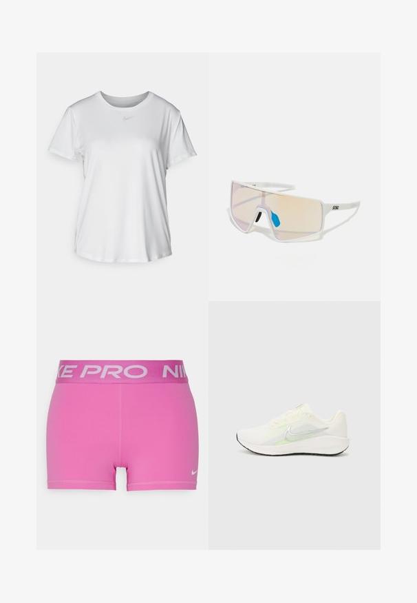 Biała koszulka z krótkim rękawem, uszyta z gładkiego materiału, z okrągłym dekoltem i małym szarym logo Nike na piersi.; Różowe spodenki sportowe z szerokim, szarym pasem Nike Pro. Wykonane z gładkiego, elastycznego materiału z płaskimi szwami i małym logo Nike.; Nike Performance DOWNSHIFTER 13 biały; Białe okulary przeciwsłoneczne w dużej oprawie, z gradientowymi soczewkami w odcieniu różowym do jasnopomarańczowym, podkreślonymi niebieskim noskiem i detalem z logo.
