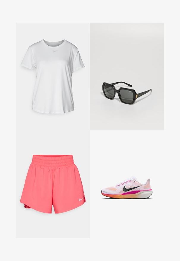 T-shirt blanc à manches courtes en tissu lisse, avec un col rond et un petit logo Nike gris sur la poitrine.; Nike Performance ONE - Short 2 en 1 - aster pink/silver; Baskets de course blanches avec tige en mesh, accents rose et orange, logo swoosh noir, semelle extérieure en caoutchouc et semelle intermédiaire rembourrée pour le confort.; Lunettes de soleil noires avec une forme géométrique, verres foncés, monture épaisse, et un accent doré sur les temples portant le nom de la marque "Vogue."