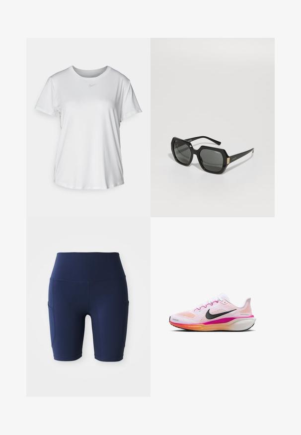 Witte T-shirt met korte mouwen van gladde stof, met een ronde halslijn en een klein grijs Nike-logo op de borst.; Navyblauwe, high-waisted fietsshorts van rekbaar, soepel materiaal; heeft zijzakken en een aansluitend ontwerp.; Witte hardloopschoen met mesh bovenzijde, roze en oranje accenten, zwarte swoosh-logo, rubberen buitenzool en gevoerde middenzool voor comfort.; Zwarte zonnebril met een geometrische vorm, donkere lenzen, dikke montuur en een gouden accent op de slapen met de merknaam "Vogue."