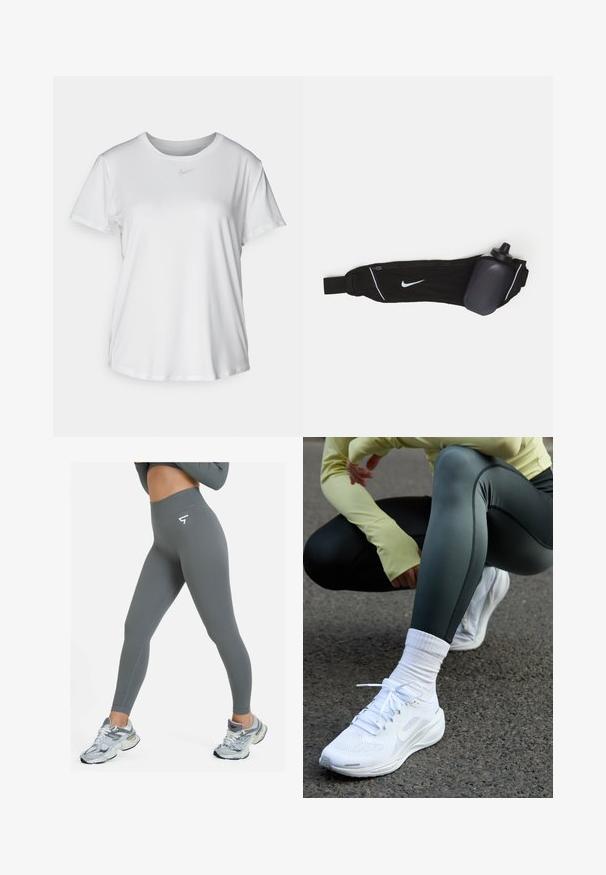 Biela krátkosrstá tričko s hladkým materiálom, so zaobleným výstrihom a malým šedým logom Nike na hrudi.; SQUATPROOF CONVEY SEAMLESS - Legíny - grey; Biele športové topánky s priedušným zvrškom, plochými šnúrami a polstrovanou podrážkou, v kombinácii s tmavozelenými legínami a svetložltým topom s dlhým rukávom.; Čierny opasok na fľašu s vodou s nastaviteľným popruhom, obsahujúci biele logo Nike, šedý držiak na fľašu s vodou a biele akcentové prešívanie.