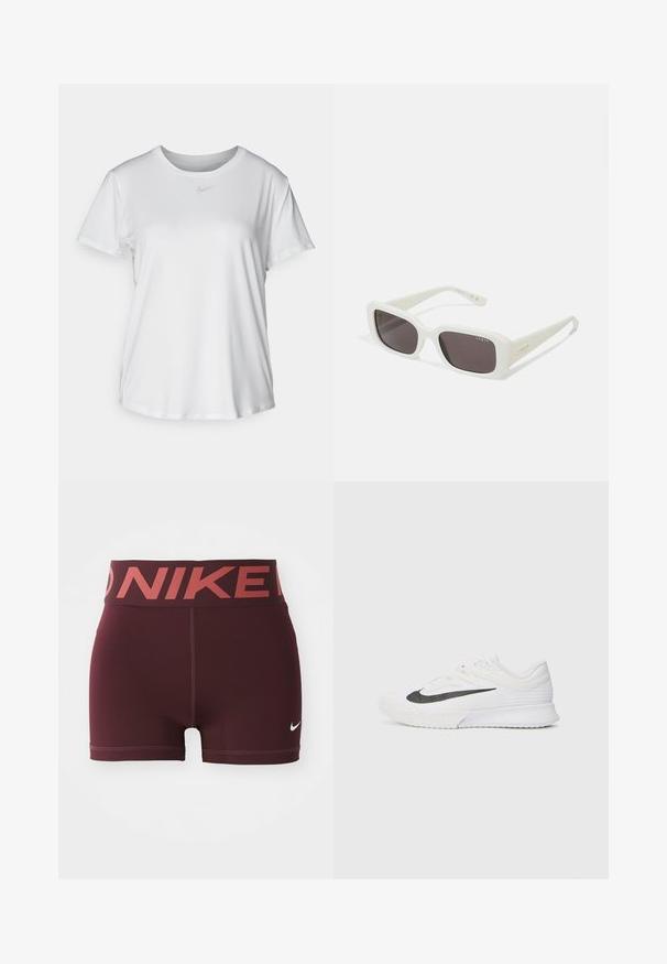Hvit kortermet T-skjorte laget av glatt stoff, med rund halsringning og en liten grå Nike-logo på brystet.; Burgunderfargede treningsshorts med bred midje som har "NIKE"-logoen i kontrastfarge rød. Laget av glatt, stretchy materiale.; Hvit treningstøvel med teksturert mesh-overdel, svart logostrand, polstret krage og gummisåle med mønster for godt grep.; VOGUE Eyewear Solbriller - full ivory/black smoke
